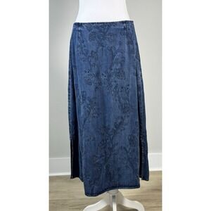 Talbots Petite Embroidered Denim Skirt Tencel Blue Denim Floral Midi‎ 10P
